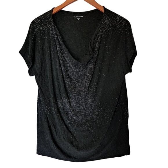Eileen Fisher Beaded Charcoal Black Cowl Neck Top Tee size M Medium - Picture 2 of 10